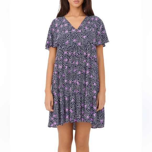 Maje Risee Floral Purple Oversized Flutter Sleeve Mini Dress Size FR 38 (US 6) - Picture 11 of 15